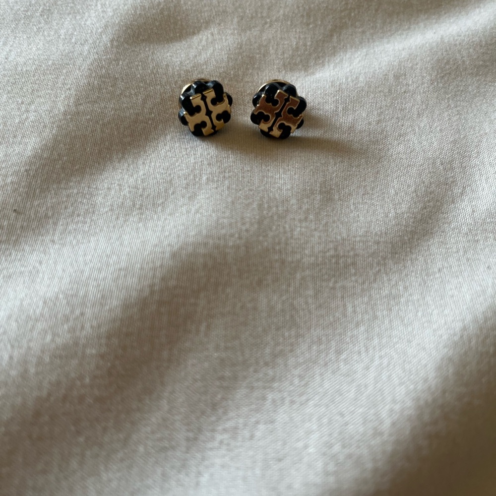 Tory Burch Black and Gold Logo Stud Earrings